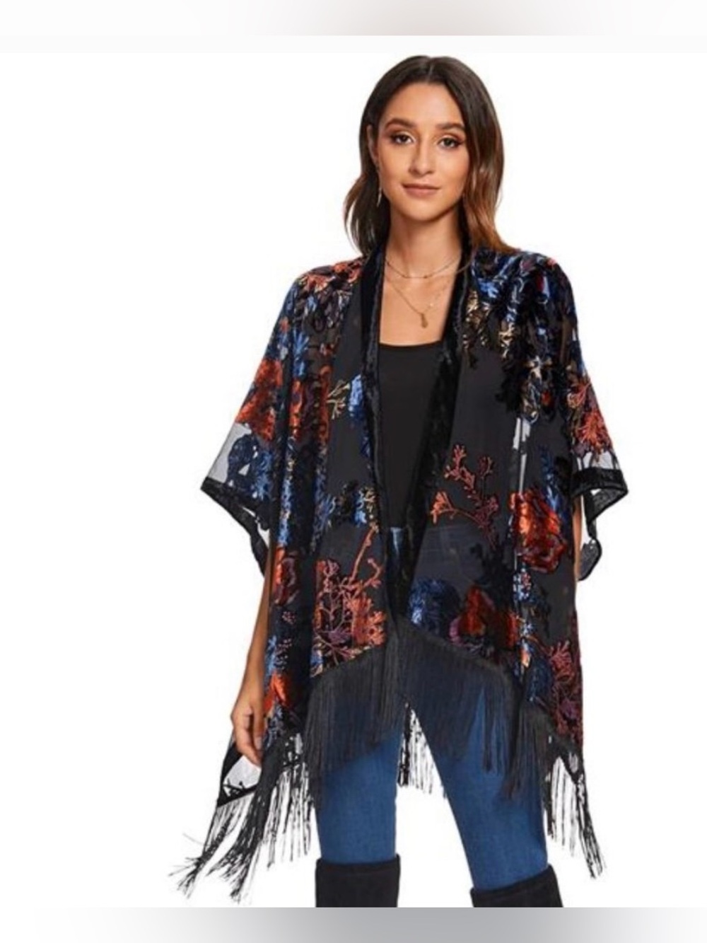 Wrangler Multicolor Paisley Velvet Burnout Fringed Cardigan